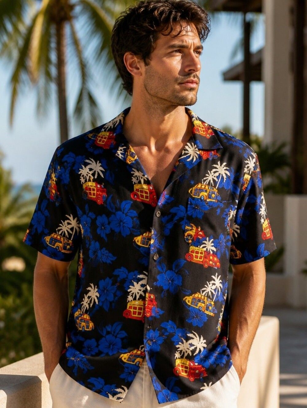 Men's Black Short-Sleeve Camp Shirt with Blue Floral & Multicolor Surf Print